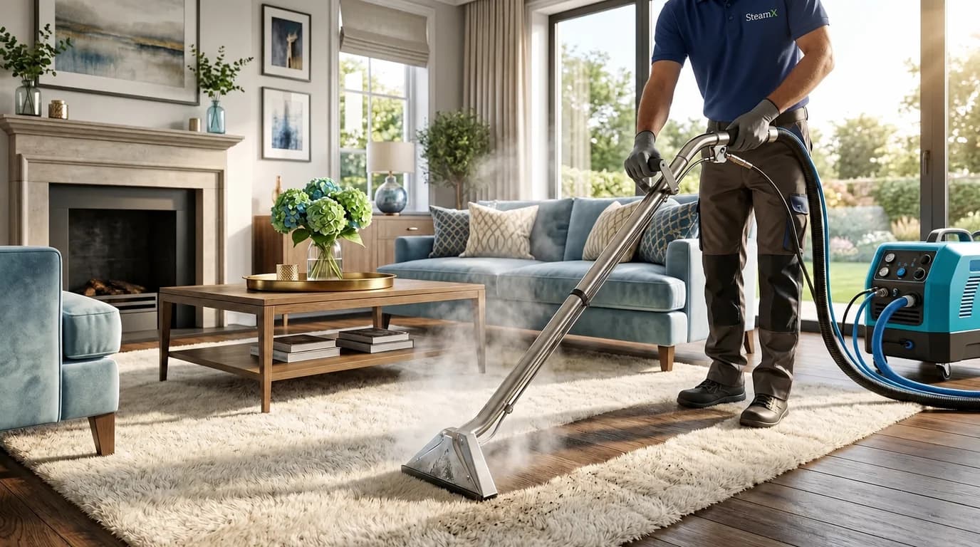 Restorative carpet steam extraction in progress