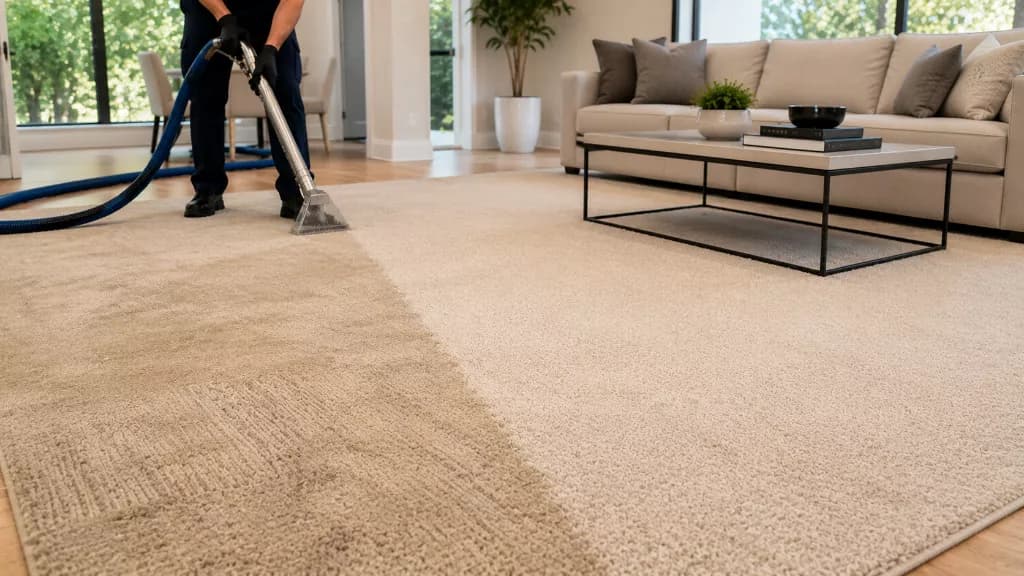 Illustrative comparison showing dark carpet traffic lane soil removal