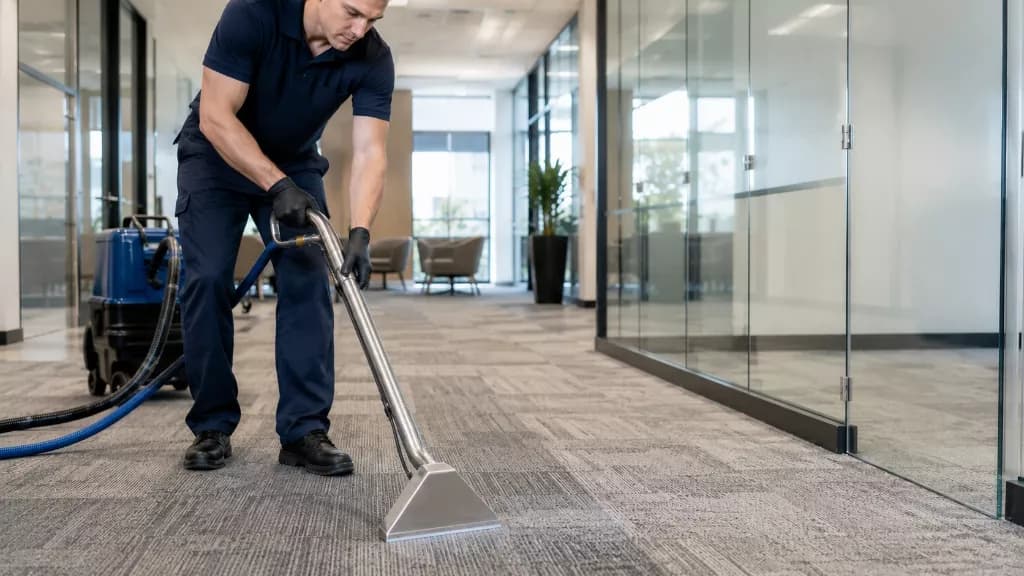 Commercial low-pile hallway carpet after extraction