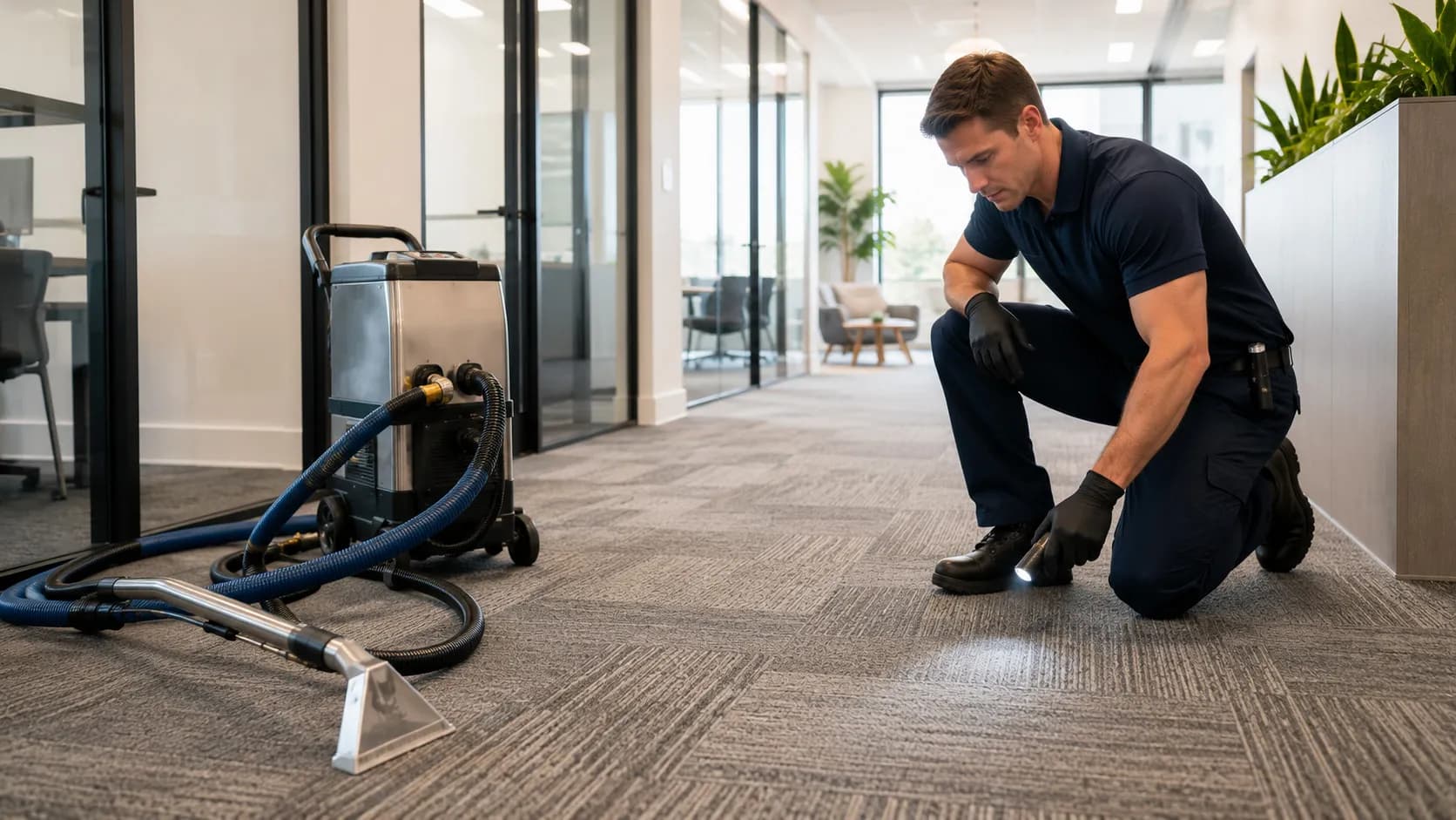 Carpet cleaning technician inspecting carpet