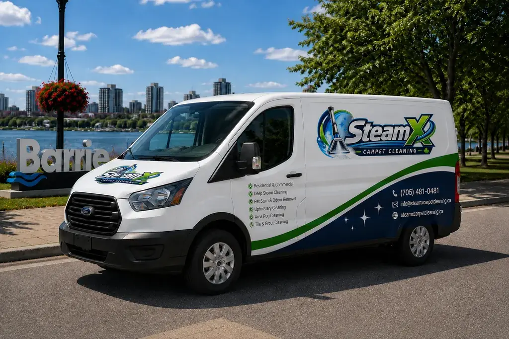 SteamX Carpet Cleaning Service Van parked in front of Barrie sign