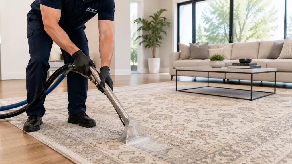 Technician inspecting area rug fibres and backing