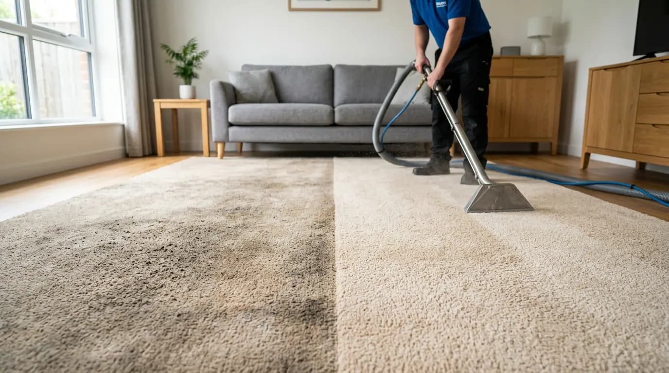 Half-cleaned carpet showing professional extraction results