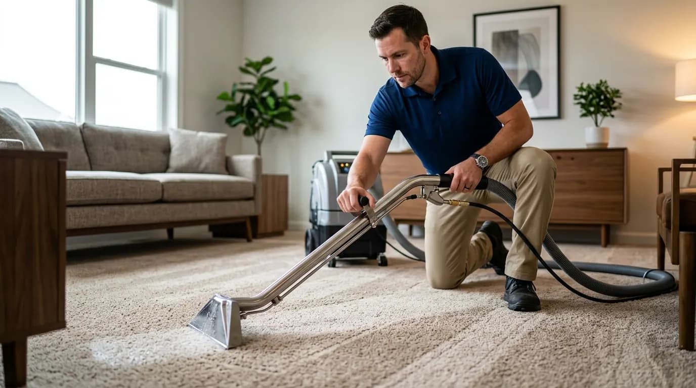 Technician using an extraction wand on residential carpet