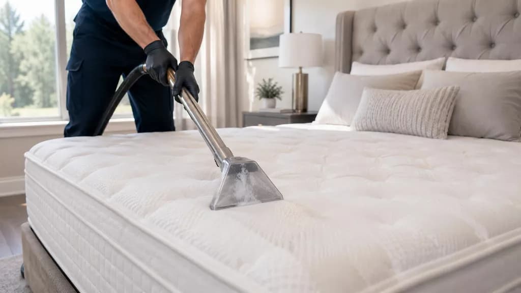 Technician performing low-moisture extraction on mattress surface