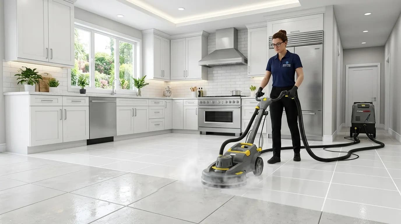 Dirty ceramic tile floor prior to grout cleaning