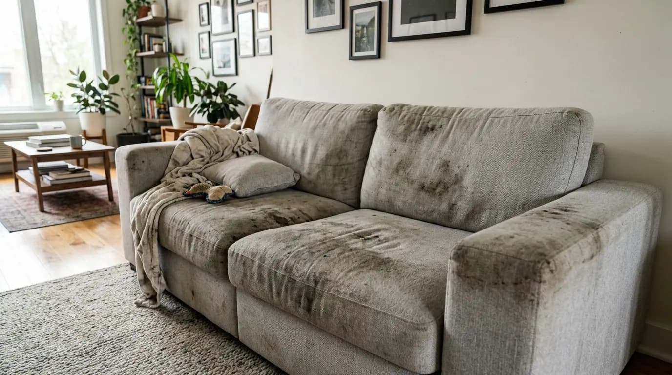 Inspection of fabric sofa weave before cleaning