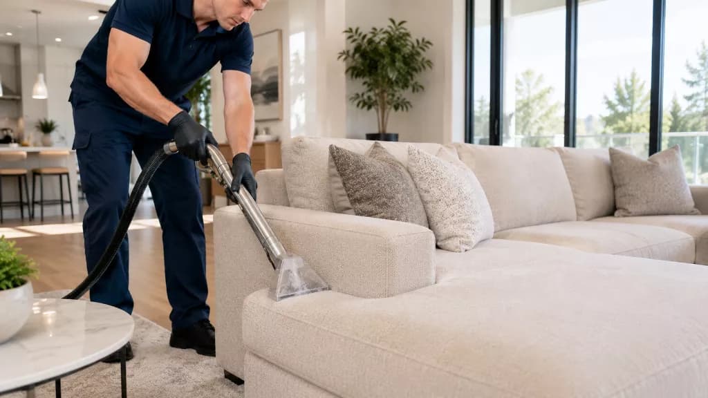 Technician cleaning sofa fabric with upholstery wand
